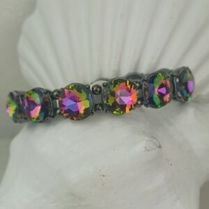 Multicolor Oil Spill Crystal Stretch Gun Metal Bracelet
